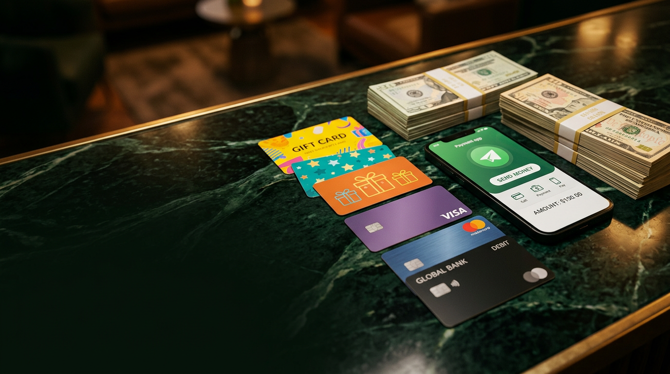 Gift cards, bank cards, a payment app and US dollar stacks on dark green marble